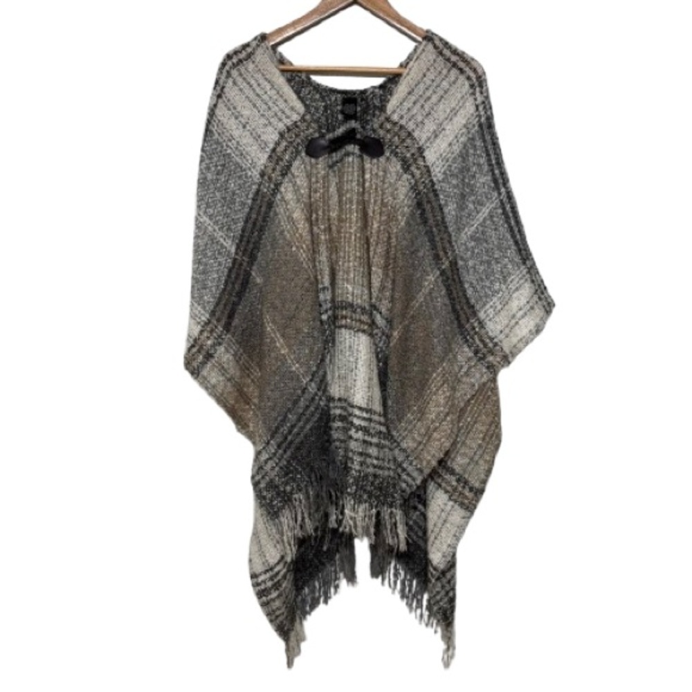 Cejon Beige Grey Tweed Blanket Poncho Wrap W/ Faux Leather Toggle One Size